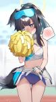  1girl animal_ears black_hair blue_archive blue_panties bracelet breasts cleavage clothes_lift cowboy_shot crop_top dog_ears dog_tail extra_ears gloves goggles goggles_on_head hibiki_(blue_archive) hibiki_(cheerleader)_(blue_archive) highres holding holding_pom_poms jewelry lifted_by_self looking_away midriff miniskirt panties partially_fingerless_gloves pom_pom_(cheerleading) ponytail sho_bu_1116 sidelocks skirt skirt_lift small_breasts solo spoken_blush standing sweat tail thigh_gap twitter_username underwear 