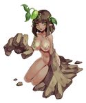  brown_hair dark_skin elemental_(creature) full_body gnome_(monster_girl_encyclopedia) green_eyes kenkou_cross leaf looking_at_viewer lowres monster_girl monster_girl_encyclopedia no_nipples nude official_art open_mouth original plant pointy_ears rock simple_background solo white_background 