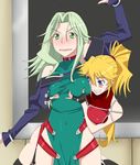  arm_up bare_shoulders blonde_hair blue_eyes blush blush_stickers breast_grab breasts choker excellen_browning grabbing green_eyes green_hair grin groping lamia_loveless large_breasts long_hair multiple_girls ponytail ribonzu shirt smile super_robot_wars taut_clothes taut_shirt wide_hips 