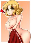  1girl blonde_hair breasts curly_hair curvy elly large_breasts nipples nude short_hair solo touhou touhou_(pc-98) unadare undressing yellow_eyes 