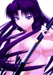  akahige breasts censored convenient_censoring highres katana kurugaya_yuiko large_breasts little_busters! long_hair out-of-frame_censoring purple_eyes purple_hair solo sword topless weapon 
