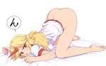  ass barefoot bed_sheet blonde_hair blush bottomless breasts commentary_request face feet frown full_body hands horn hoshiguma_yuugi katwu_(gensou_ninja_yashiki) long_hair medium_breasts pointy_ears pout presenting red_eyes sheet_grab simple_background soles solo thighs toes top-down_bottom-up touhou 