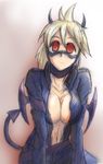  bat_wings blonde_hair breasts center_opening dorohedoro highres horns large_breasts nikaidou_(dorohedoro) open_clothes red_eyes solo tail takaniso wings zipper 