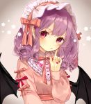  bad_id bad_pixiv_id bat_wings black_wings blush finger_to_cheek floral_print gradient gradient_background grey_background headdress highres index_finger_raised long_hair long_sleeves looking_at_viewer nail_polish parted_lips pink_ribbon pointy_ears purple_hair red_eyes red_nails red_ribbon remilia_scarlet ribbon slit_pupils solo star touhou upper_body wings yedan 