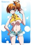  bare_shoulders blush breasts copyright_name denim denim_shorts green_eyes hair_bobbles hair_ornament hand_on_hip holding holding_poke_ball kasumi_(pokemon) large_breasts navel open_fly orange_hair poke_ball pokemon pokemon_(anime) pokemon_(classic_anime) satsuki_imonet shorts side_ponytail smile solo underboob unzipped 