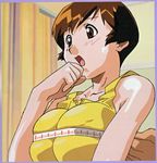  :o blush breast_squeeze breasts brown_eyes brown_hair bust_measuring embarrassed highres huge_breasts measuring open_mouth short_hair solo super_real_mahjong tanaka_ryou tank_top tape_measure toyohara_etsuko 