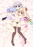  barefoot bat_wings black_panties bra breast_grab breasts fang flandre_scarlet grabbing highres izayoi_sakuya kanarai_taru legs lingerie medium_breasts multiple_girls panties purple_panties remilia_scarlet short_hair side-tie_panties socks striped striped_panties thighhighs topless touhou underwear underwear_only wings 