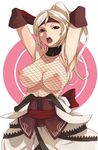  adjusting_hair armpits arms_up asoka_(granado_espada) blonde_hair breasts brown_eyes elbow_gloves fishnets gloves granado_espada headband highres large_breasts long_hair open_mouth penguin_caee solo 