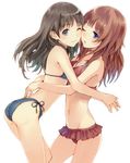  absurdres atelier_(series) atelier_rorona atelier_totori bangs bikini black_hair blue_bikini blue_eyes breasts brown_hair cheek-to-cheek closed_mouth extraction eyebrows_visible_through_hair frilled_bikini frills from_side highres hug kishida_mel long_hair looking_at_viewer multiple_girls official_art one_eye_closed parted_lips red_bikini rororina_fryxell side-tie_bikini side-tie_bottom small_breasts smile standing swimsuit totooria_helmold transparent_background 