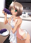  blush breasts cleavage copyright_request covering covering_breasts eating food from_side fruit grapes green_eyes highres holding holding_food holding_fruit izumi_mahiru kitchen medium_breasts one-piece_tan panties short_hair solo tan tanline tongue tongue_out topless towel underwear wet white_panties 