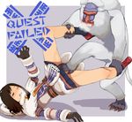  blango blush breath brown_hair crotch_stomping cunt_punt denki_anma failure fur_trim game_over gloves hood leg_grab legs mafumofu_(armor) monster_hunter no_panties pain short_hair spread_legs stomping tarayama wince 