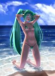  aqua_eyes aqua_hair armpits beach bikini cloud day hatsune_miku kneeling long_hair micro_bikini outdoors oyamada_musshu shadow sky solo string_bikini submerged swimsuit twintails very_long_hair vocaloid 