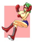  bandaid boots boxing_gloves boxing_headgear breast_hold breasts buruma cross-laced_footwear crossed_legs full_body green_hair huge_breasts kazami_yuuka knee_boots lace-up_boots nipples red_eyes short_hair simple_background sitting solo squemezzo topless touhou unmoving_pattern 