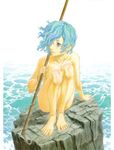  barefoot berserk blue_eyes blue_hair highres isma miura_kentarou nude official_art polearm solo spear squatting traditional_media water weapon 