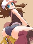  ass bare_shoulders baseball_cap blue_eyes blush gen_1_pokemon hat looking_back naitou_kouse pikachu pokemon pokemon_(creature) pokemon_(game) pokemon_bw sitting touko_(pokemon) wariza 