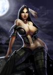  artist_request black_hair breasts cleavage darkwatch feathers hair_feathers hand_on_hip highres large_breasts leather long_hair lowleg lowleg_pants moon navel pants solo tala 