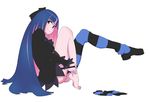  barefoot black_dress bow dress feet full_body green_eyes hands_on_feet kyoudyu legs long_hair multicolored_hair panty_&amp;_stocking_with_garterbelt plantar_flexion shoes single_shoe single_thighhigh sitting smile solo stocking_(psg) striped striped_legwear thighhighs two-tone_hair undressing 