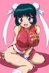  :3 :d aqua_hair arm_behind_back arm_support bangs bare_shoulders belt between_legs beyblade blunt_bangs breasts bun_cover china_dress chinese_clothes covered_nipples double_bun dress fingerless_gloves frills gloves hand_between_legs heart highres kneehighs large_breasts leaning_forward legs loose_socks magatama makino_tomoyasu mei_mei_(beyblade) metal_fight_beyblade no_panties open_mouth pink_background purple_eyes red_dress ribbon shadow shoes short_hair side_slit sidelocks simple_background sitting sleeveless sleeveless_dress smile socks solo studded_belt sweat taut_clothes taut_dress turtleneck wariza white_gloves 
