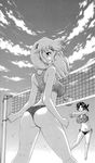  arms_behind_back artist_request ass beach_volleyball bikini breasts cleavage fuurinji_miu greyscale highres kneepits large_breasts looking_back ma_renka monochrome multiple_girls shijou_saikyou_no_deshi_ken'ichi side-tie_bikini sports_bikini sweat swimsuit volleyball 