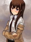  blush brown_hair crossed_arms long_hair lowres makise_kurisu purple_eyes sobyoukyou solo steins;gate 