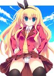  bad_id bad_pixiv_id blonde_hair blue_eyes blush eyebrows_visible_through_hair hairband hands_on_hips highres isurugi_mio long_hair mm! noto_kurumi panties pantyshot school_uniform skirt skirt_lift solo thighhighs underwear white_panties wind wind_lift 