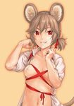  alternate_hairstyle animal_ears breasts brown_hair dress_shirt fingernails grin hair_ribbon hands honoru looking_at_viewer mouse_ears mouse_tail navel nazrin nipples no_bra open_clothes open_shirt red_eyes ribbon shirt short_hair short_twintails simple_background skindentation small_breasts smile solo tail touhou twintails upper_body 