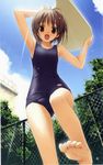  1girl :d amatsume_akira antenna_hair armpits barefoot brown_eyes brown_hair feet flat_chest foreshortening from_below hashimoto_takashi highres kickboard one-piece_swimsuit open_mouth pov_feet school_swimsuit short_hair smile soles solo sphere swimsuit toes wet yosuga_no_sora 