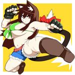  animal_ears bikini_top breasts dungeon_and_fighter fighter_(dungeon_and_fighter) fingerless_gloves gloves izunan large_breasts red_eyes scar shorts solo 