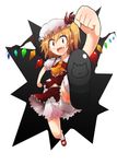  :d bad_id bad_pixiv_id blonde_hair bloomers chipa_(arutana) clenched_hands fang flandre_scarlet foreshortening full_body hat jumping mary_janes midriff open_mouth pointy_ears red_eyes running shoe_soles shoes side_ponytail simple_background skirt smile solo touhou underwear wings 