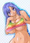  blue_eyes blue_hair blush breasts cleavage covered_nipples highres large_breasts long_hair navel no_bra original smile solo sweat underboob wolfpack 