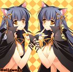  animal_ears blush breasts cape carnelian cat_ears cleavage halloween jack-o'-lantern kao_no_nai_tsuki kuraki_mizuna kuraki_suzuna large_breasts long_hair matching_outfit multiple_girls naked_cape pumpkin purple_hair ribbon siblings twins yellow_eyes 