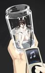  barefoot bottle brown_hair censored convenient_censoring daft_punk digital_media_player feet hands headphones highres horns in_bottle in_container ipod long_hair minigirl nude original product_placement red_eyes ryou@ryou solo_focus 
