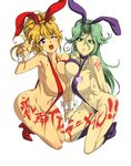  absurdres animal_ears asymmetrical_docking blonde_hair blue_eyes bodypaint breast_press breasts bunny_ears excellen_browning green_eyes green_hair highres kneeling lamia_loveless large_breasts long_hair ma_(pixiv1936865) multiple_girls one_eye_closed ponytail ribs skinny slingshot_swimsuit super_robot_wars swimsuit wrist_cuffs 