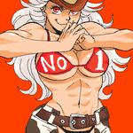  abs animal_print belt breasts cow_print cowboy_hat cross dorohedoro earrings hat inverted_cross jewelry large_breasts lowres muscle muscular_female noi_(dorohedoro) panties red_eyes smile solo thong underwear western white_hair yuzuka_(artist) 