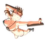 ass bikini black_bikini blush boots breasts brown_hair butt_crack glasses highres large_breasts long_hair oono_tsutomu original perspective red_eyes solo swimsuit tonfa twintails weapon 