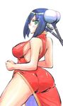  :o arcana_heart ass blue_hair blush breasts bun_cover cable china_dress chinese_clothes clenched_hand covered_nipples double_bun dress embarrassed from_behind green_eyes hair_ornament kikuta large_breasts looking_back mei-fang open_mouth short_hair sideboob simple_background solo standing surprised 