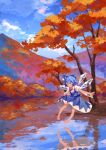  1girl absurdres autumn_leaves barefoot blue_bow blue_dress blue_eyes blue_hair blue_sky bow cirno cloud dress forest full_body hair_bow highres hyoutan_tan ice ice_wings mountain nature outdoors pinafore_dress reflection reflective_water scenery shirt short_hair short_sleeves sky solo touhou tree white_shirt wings 