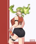  1girl absurdres ass bikini boku_no_hero_academia breasts burnin_(boku_no_hero_academia) clothes green_hair hair_between_eyes highres huge_ass kinaee large_breasts long_hair open_mouth simple_background smile solo swimsuit upper_body white_background 