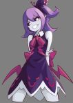  1boy 1girl black_dress black_sclera colored_sclera colored_skin demon_girl dress hitsune long_hair looking_at_viewer musume_(yuunama) pointy_ears purple_hair purple_skin side_ponytail simple_background sleeveless sleeveless_dress smile solo v v_yuusha_no_kuse_ni_namaiki_da_r yuusha_no_kuse_ni_namaiki_da 