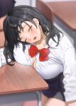  1girl bangs black_hair blurry blurry_background blush bow bowtie breasts closed_eyes collared_shirt desk indoors kaisen_chuui large_breasts long_sleeves medium_hair open_mouth original red_bow red_bowtie school_desk school_uniform shirt skirt sleeping solo white_shirt 