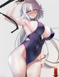  1girl arm_up armpits bangs bare_arms bare_shoulders blue_leotard blush bracelet breasts candle closed_mouth covered_navel duplicate fate/grand_order fate_(series) grey_background grey_hair highleg highleg_leotard holding holding_whip jeanne_d&#039;arc_alter_(fate) jewelry large_breasts leotard long_hair looking_at_viewer misaka_12003-gou pixel-perfect_duplicate sideboob simple_background solo thighs whip yellow_eyes 