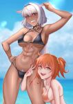  2girls :d abs absurdres ahoge anger_vein angry animal_ears arm_up armpits bangs bare_shoulders bikini black_bikini black_choker black_hairband blue_eyes blue_sky blush body_markings breast_press breasts caenis_(fate) caenis_(swimsuit_rider)_(fate) caenis_(swimsuit_rider)_(first_ascension)_(fate) choker cleavage clenched_teeth cloud cojohn collarbone commentary cowboy_shot dark-skinned_female dark_skin day fate/grand_order fate_(series) female_pubic_hair fujimaru_ritsuka_(female) groin hair_between_eyes hair_intakes hair_ornament hair_scrunchie hairband hand_on_hip highleg highleg_bikini highres kneeling large_breasts long_hair looking_at_viewer low_ponytail medium_hair multiple_girls navel ocean one_side_up open_mouth orange_eyes orange_hair pubic_hair pubic_hair_peek scrunchie sidelocks sky smile standing stomach swimsuit teeth upper_teeth v very_long_hair white_hair yellow_scrunchie 