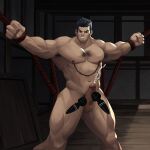  1boy armpit_hair armpits bara bdsm black_hair bondage bound clenched_hands closed_eyes completely_nude cum darius_(league_of_legends) ejaculation erection feet_out_of_frame hairy highres large_pectorals league_of_legends male_focus manly mature_male multicolored_hair muscular muscular_male nipple_chain nipple_piercing nipples nude outstretched_arms pectorals penis piercing pubic_hair rope scar scar_on_face sex_toy short_hair solo spiked_hair spread_arms spread_legs teeth testicles thick_arms thick_eyebrows thick_thighs thighs vibrator wanchibaby white_hair wooden_floor 
