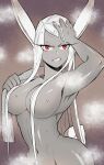  absurd_res animal_humanoid big_breasts breasts convenient_censorship dark_body dark_skin female hair hair_covering_breasts hand_on_head hi_res humanoid koyap lagomorph lagomorph_humanoid leporid_humanoid long_hair looking_at_viewer mammal mammal_humanoid miruko my_hero_academia nude rabbit_humanoid red_eyes scut_tail short_tail simple_background solo steam white_hair 