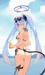  1girl absurdres ass back bare_arms bare_shoulders bikini black_bikini black_ribbon blue_archive blue_hair blue_sky blush breasts closed_mouth day demon_tail eyewear_on_head from_behind gk_guoke hair_over_one_eye hair_ribbon halo highres holding iori_(blue_archive) iori_(swimsuit)_(blue_archive) long_hair looking_at_viewer looking_back lotion_bottle outdoors red_eyes ribbon side-tie_bikini_bottom sideboob skindentation sky small_breasts smile solo sunglasses swimsuit tail thigh_strap twintails very_long_hair water 