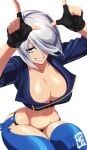  1girl absurdres angel_(kof) blue_eyes breasts chaps cropped_jacket finger_horns fingerless_gloves gloves hair_over_one_eye highres index_fingers_raised jacket large_breasts leather leather_jacket looking_at_viewer lyuka short_hair smile standing the_king_of_fighters thick_thighs thighs white_background white_hair 