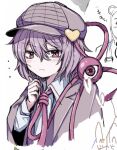  1girl brown_headwear closed_mouth collared_shirt foul_detective_satori heart highres komeiji_satori looking_at_viewer pink_eyes pink_hair red_eyes shirt short_hair simple_background solo sweatdrop third_eye touhou upper_body white_background white_shirt yonoisan 