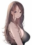  1girl amane_ruri blue_eyes breasts brown_hair closed_mouth highres lips long_hair looking_at_viewer medium_breasts original shirt simple_background sleeveless sleeveless_shirt solo upper_body white_background white_shirt 