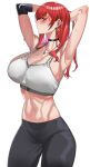  1girl abs absurdres armpits arms_up black_choker black_pants blush breasts choker cleavage earrings glint highres hongryeon_(last_origin) huge_breasts jewelry last_origin leggings long_hair looking_at_viewer mole mole_under_eye navel necklace pants profile red_eyes red_hair rhlatm simple_background solo straight_hair sweatdrop white_background 