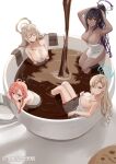  4girls akane_(blue_archive) asuna_(blue_archive) bare_shoulders black_hair blonde_hair blue_archive blue_eyes braid breasts bubble cleavage closed_eyes closed_mouth coffee coffee_cup cookie crossed_arms cup dark-skinned_female dark_skin disposable_cup food halo highres in_container in_cup karin_(blue_archive) large_breasts loli_hooker long_hair looking_at_viewer multiple_girls naked_towel neru_(blue_archive) orange_eyes pink_eyes pink_hair single_braid smile thighs towel tying tying_hair 